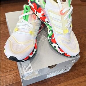 adidas Kids White Sneakers with Red & Green Floral Accents. Ultra boost 22W X